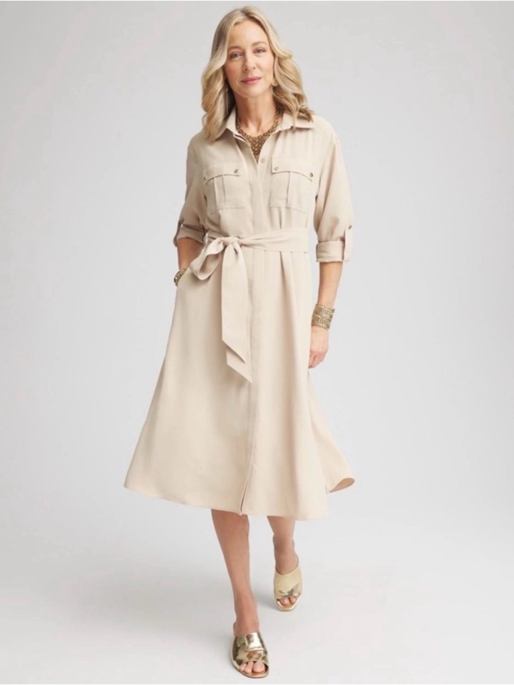 Chico's Neutral Tie-Waist Midi Shirt Dress in Light Beige